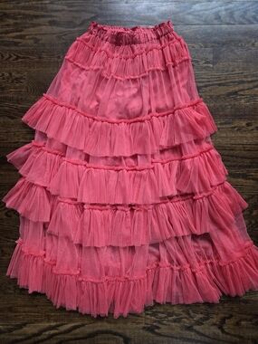 Anthropologie Nikasha Pink Ruffle Tiered Midi Skirt Party Statement *flaw